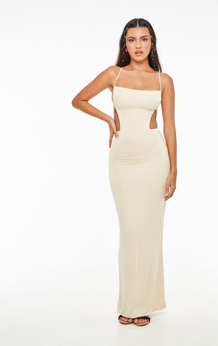 Side Cut Out Cream Maxi Dress