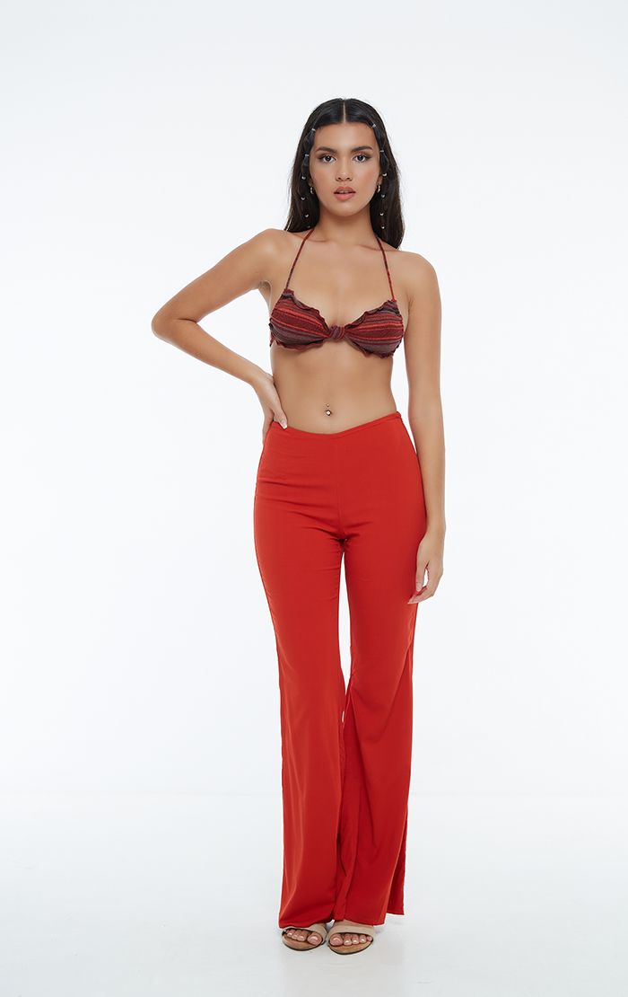 Red Side Zipped Flared Pants