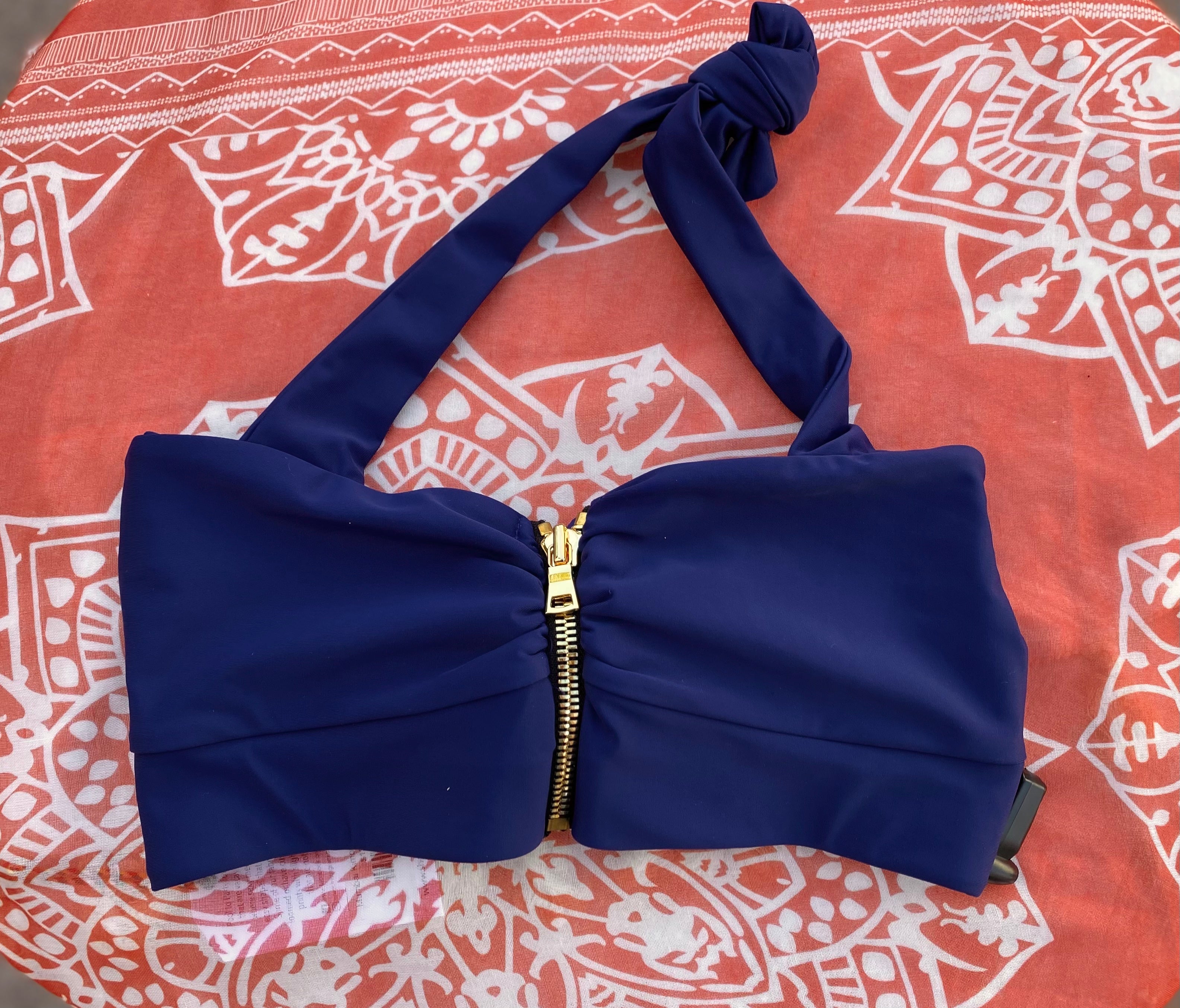 Navy blue zipper front bikini top