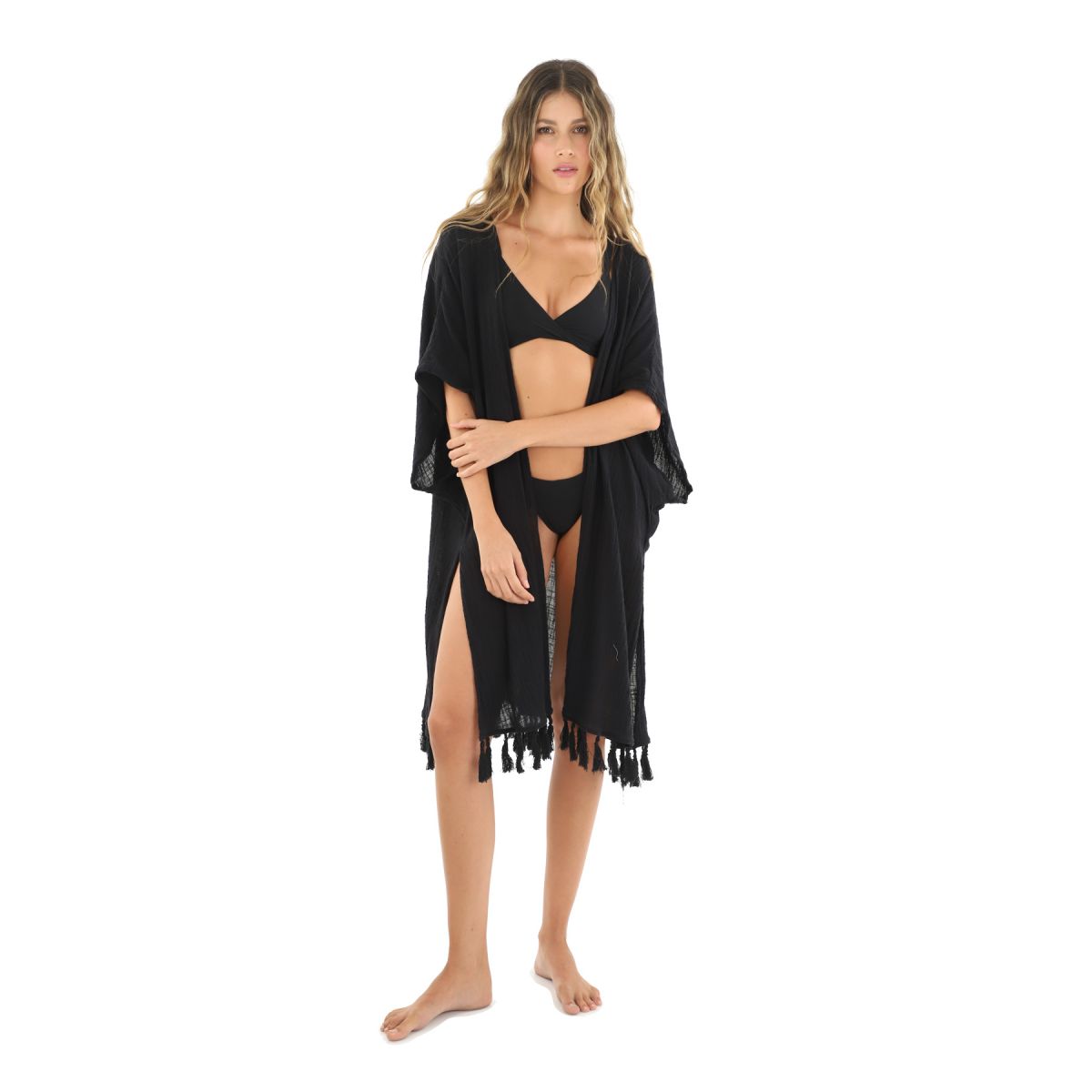 Tasseled Black Open Cotton Kimono