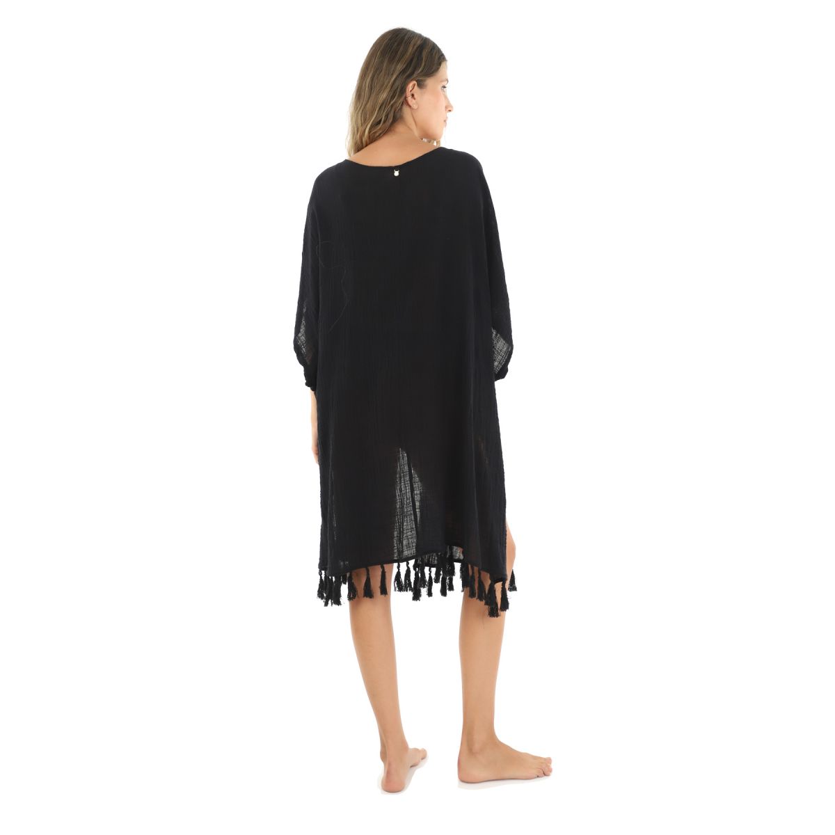 Tasseled Black Open Cotton Kimono