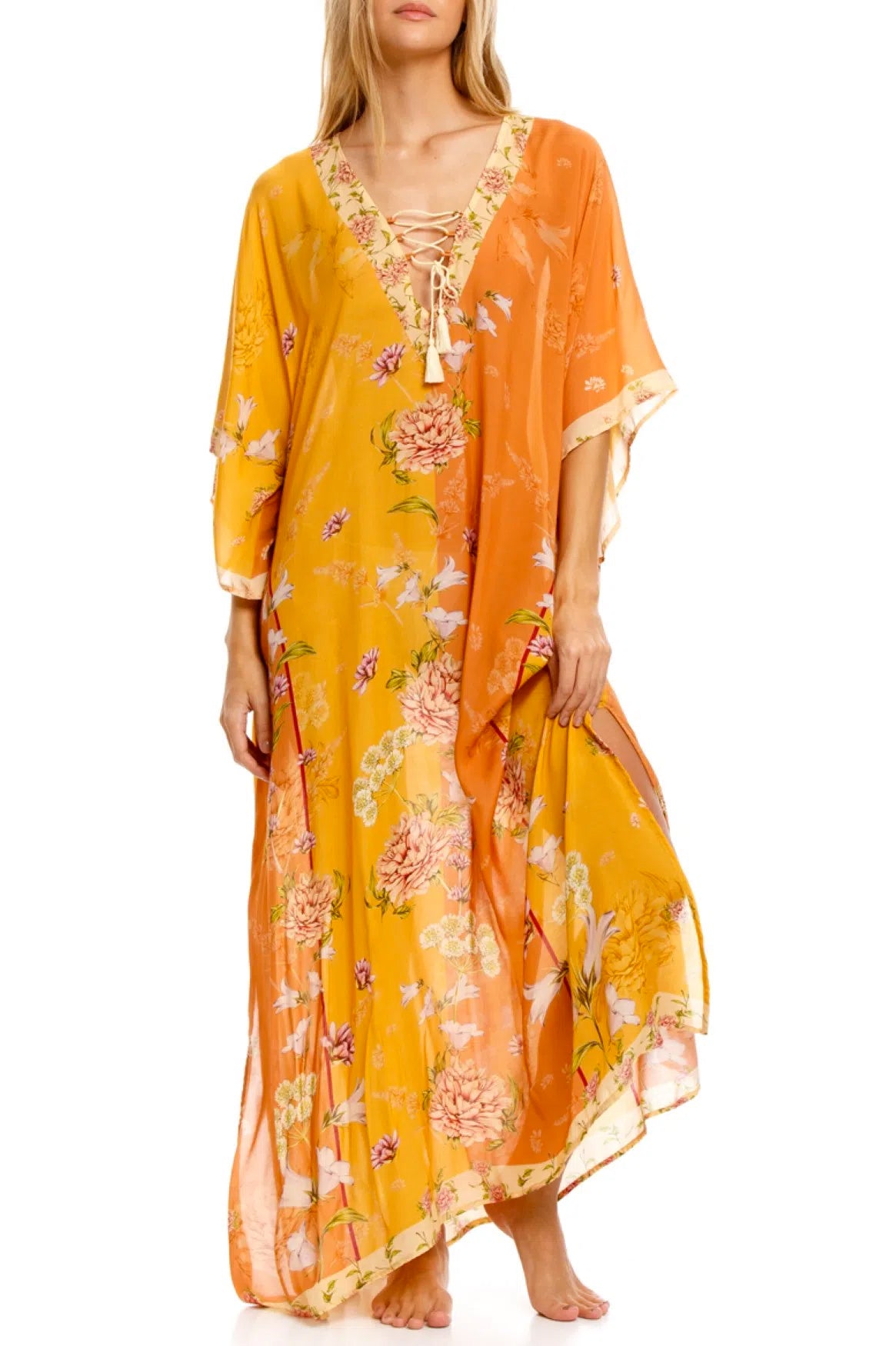 Mustard Flower Print Kaftan Dress