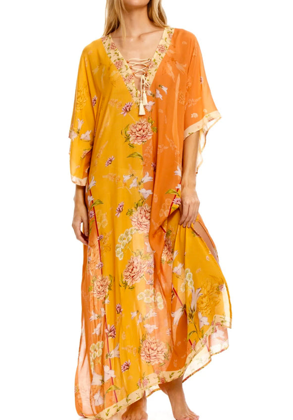 Mustard Flower Print Kaftan Dress