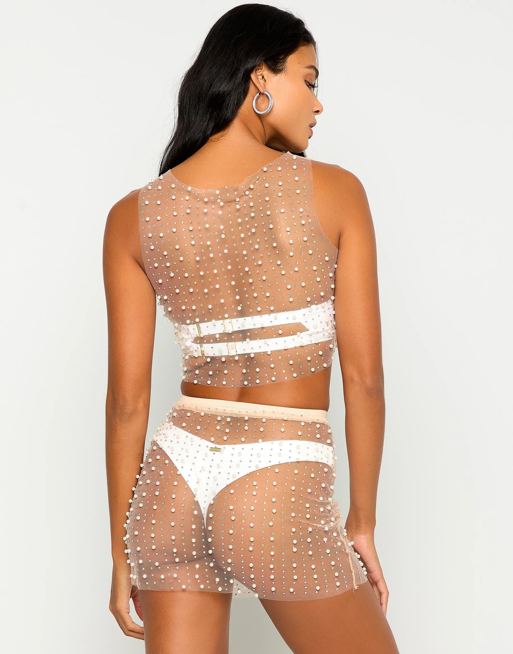 Mesh Pearl Top And Skirt Set