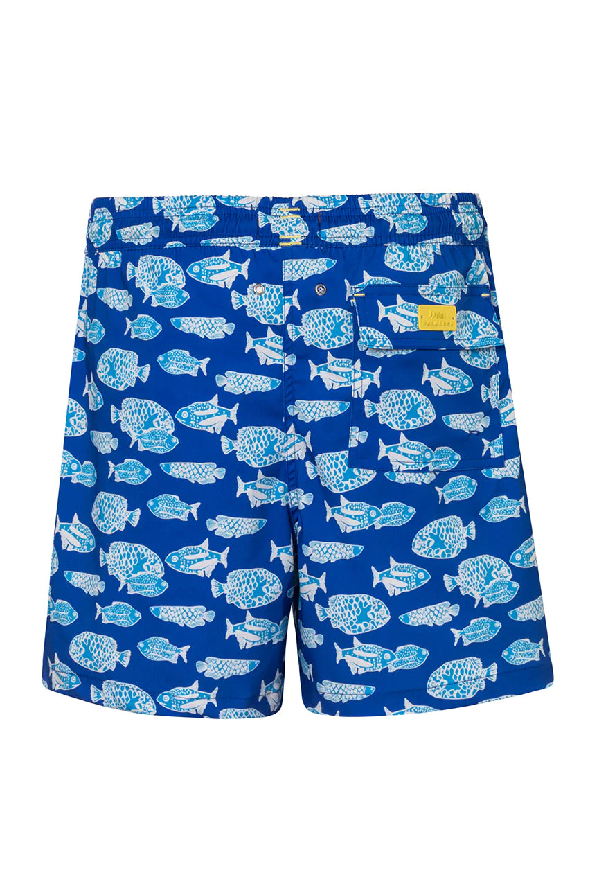 Blue Fish Print Swim Trunks