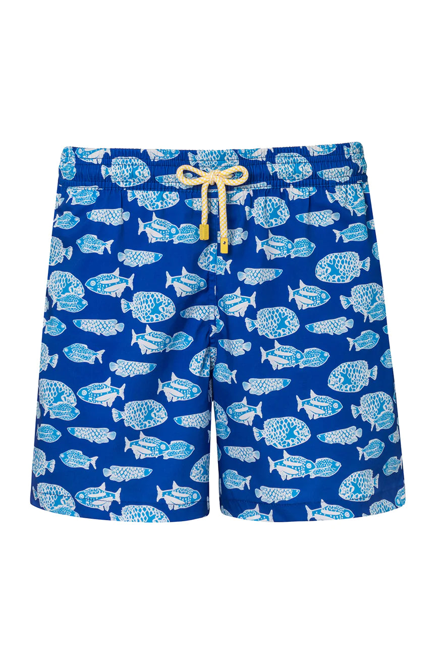 Blue Fish Print Swim Trunks