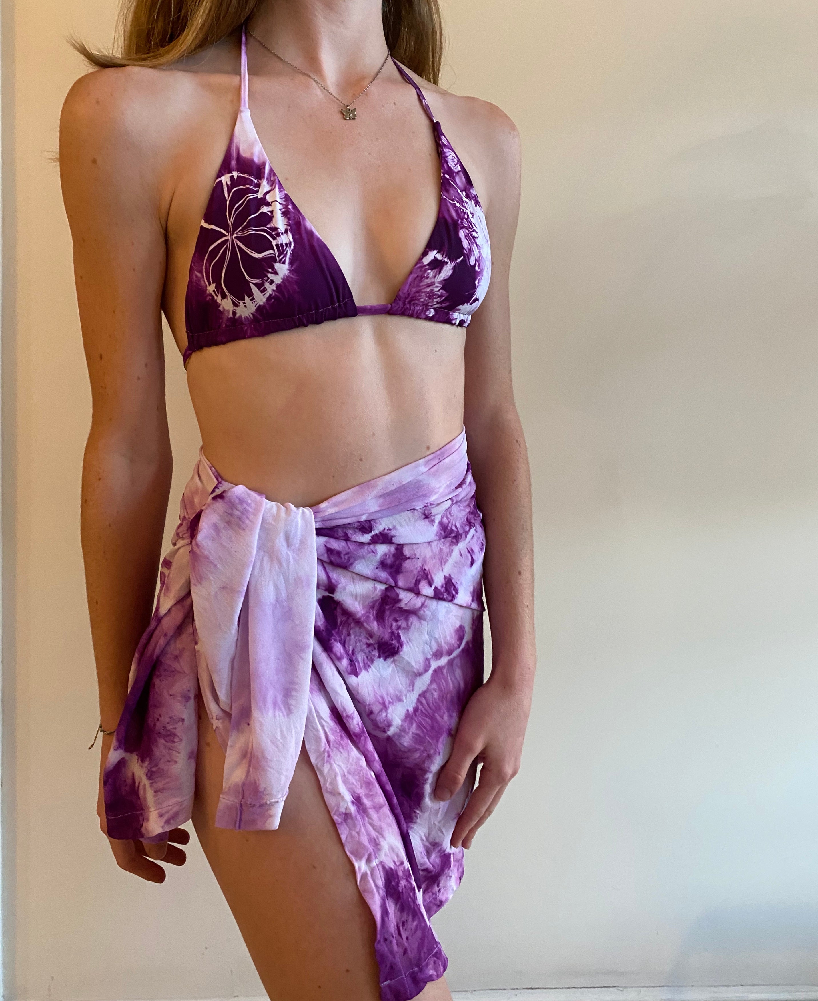 Purple tie dye bikini top with matching wrap skirt