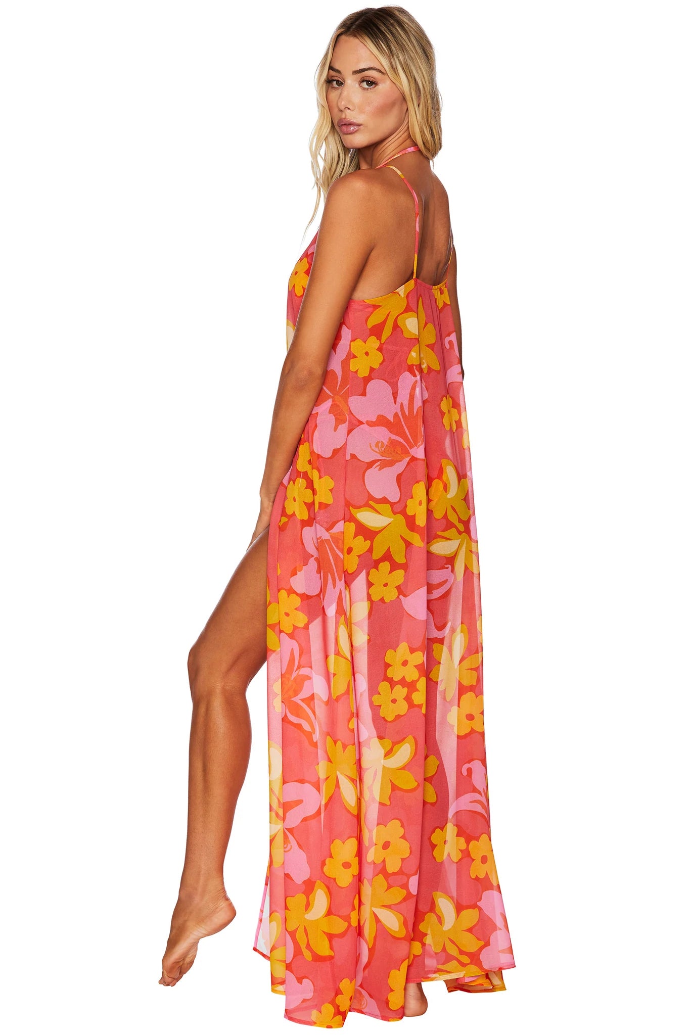 Sheer Floral Print Maxi Coverup Dress