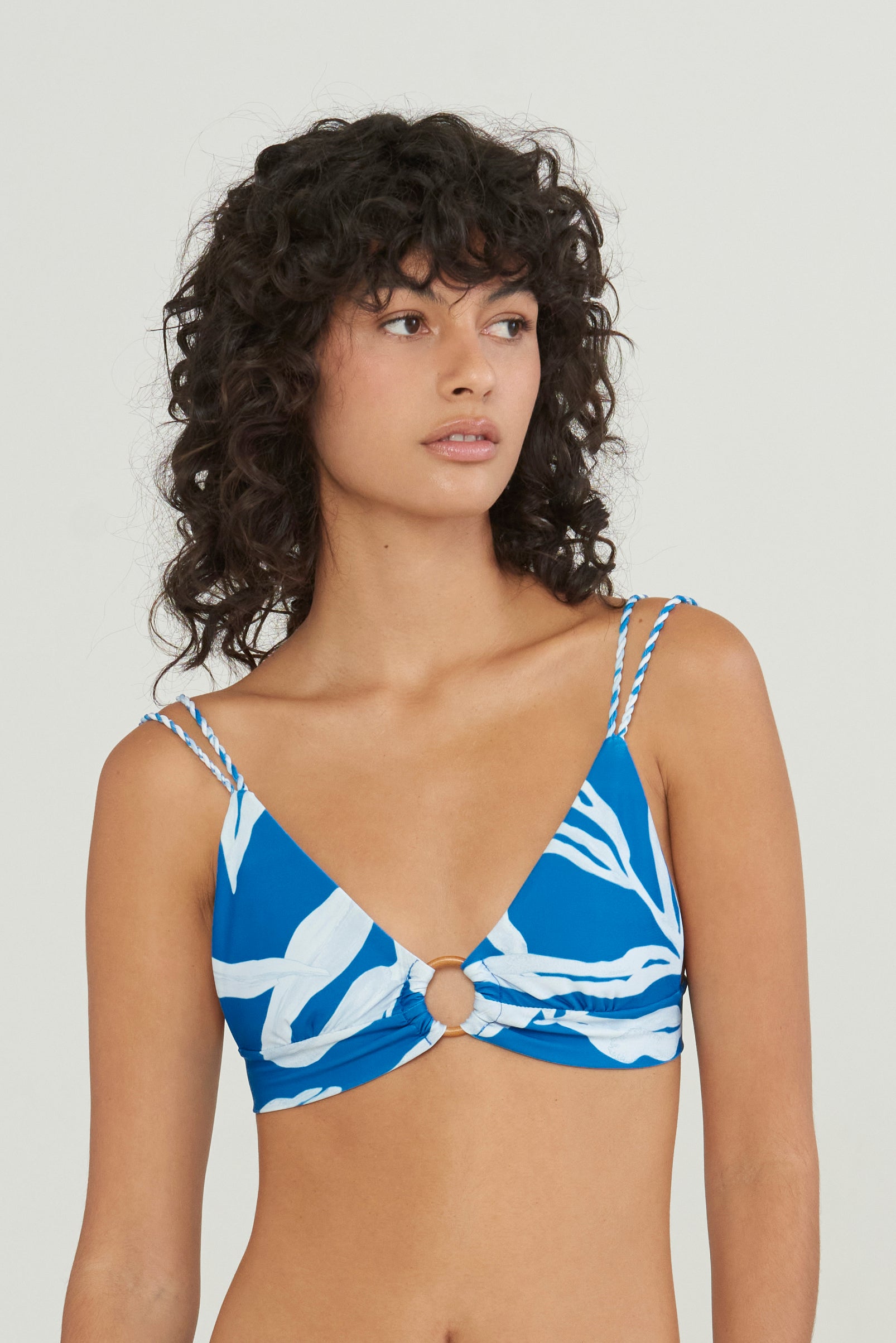 blue and white leaf print triangle bikini top