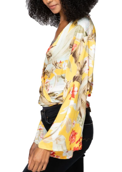 Tie Wrap Top in tropical yellow print