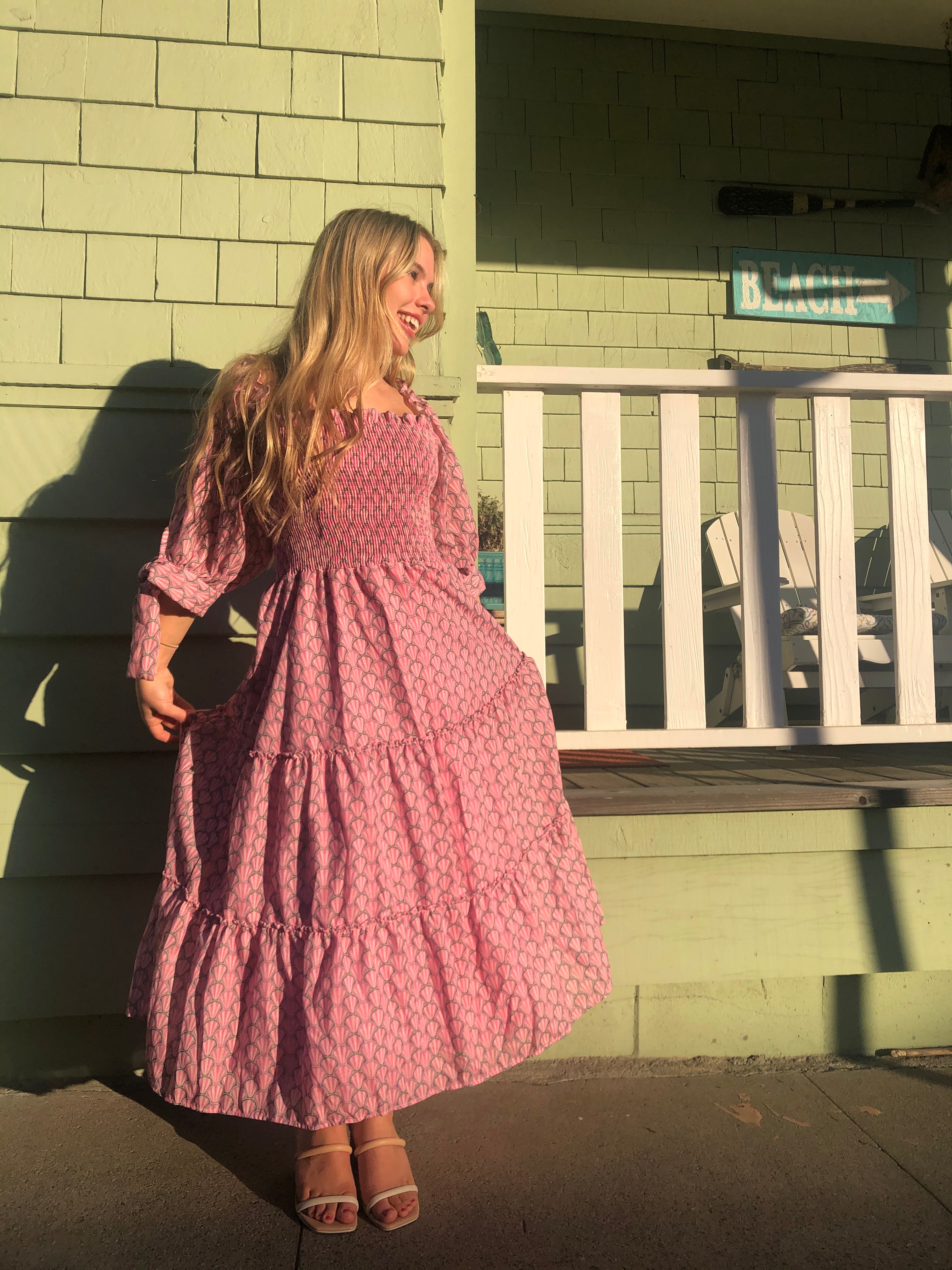 Pink maxi dress with smocked top and puff sleeves