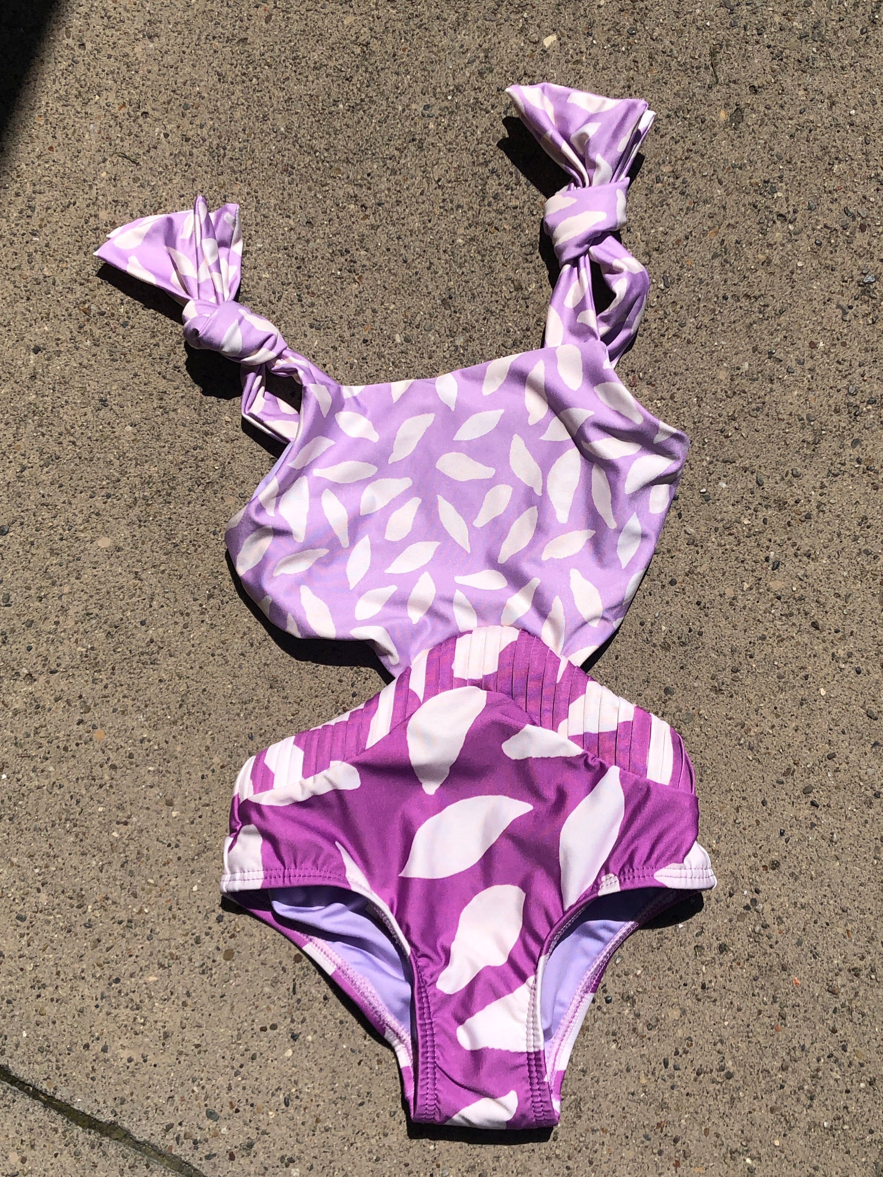 purple and white leaf print kids monokini one piece swimsuit