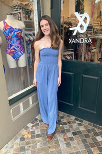 blue strapless knit jumpsuit