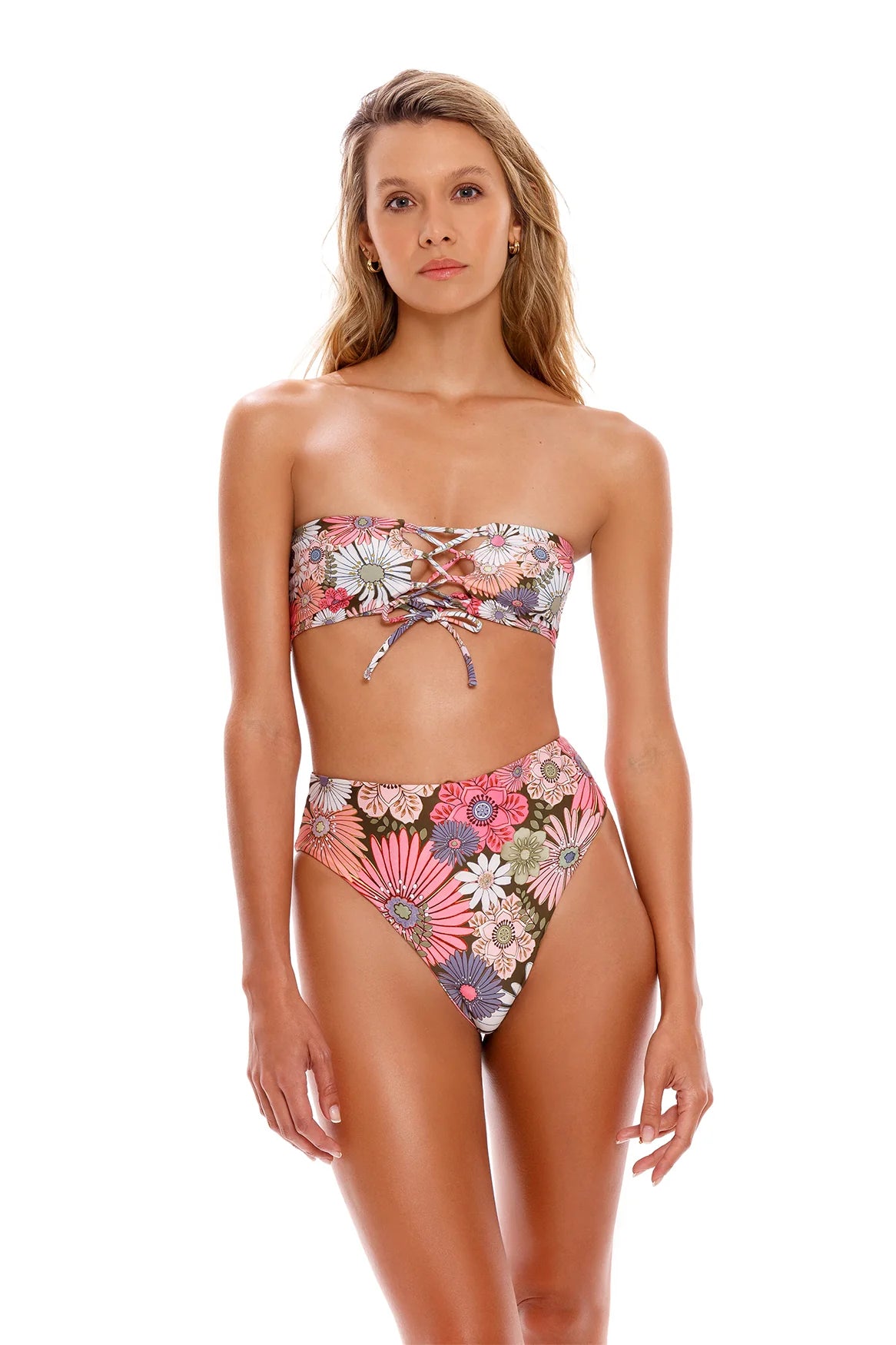 Embroidered Floral Print Bandeau Bikini Top