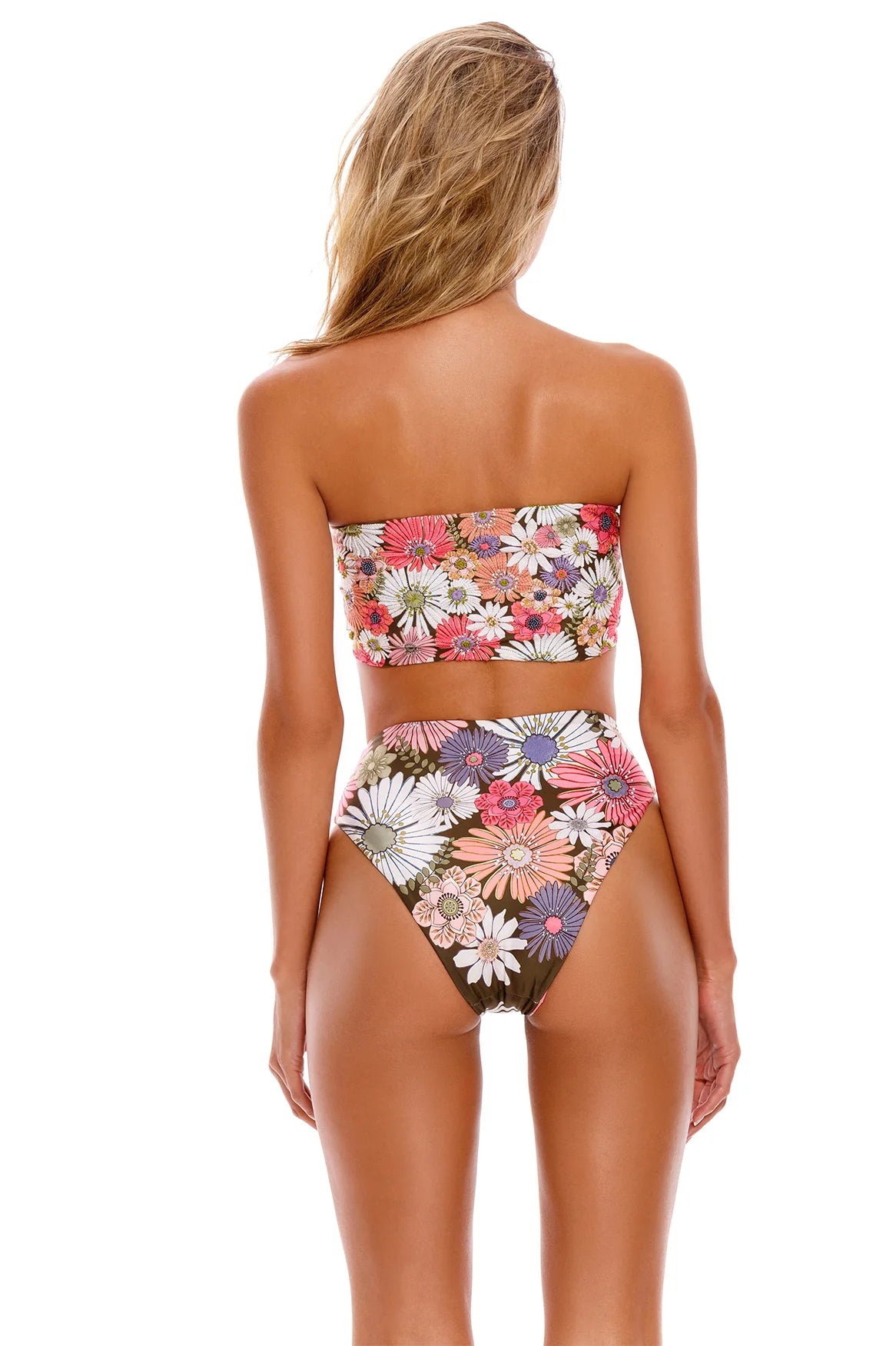 Embroidered Floral Print Bandeau Bikini Top