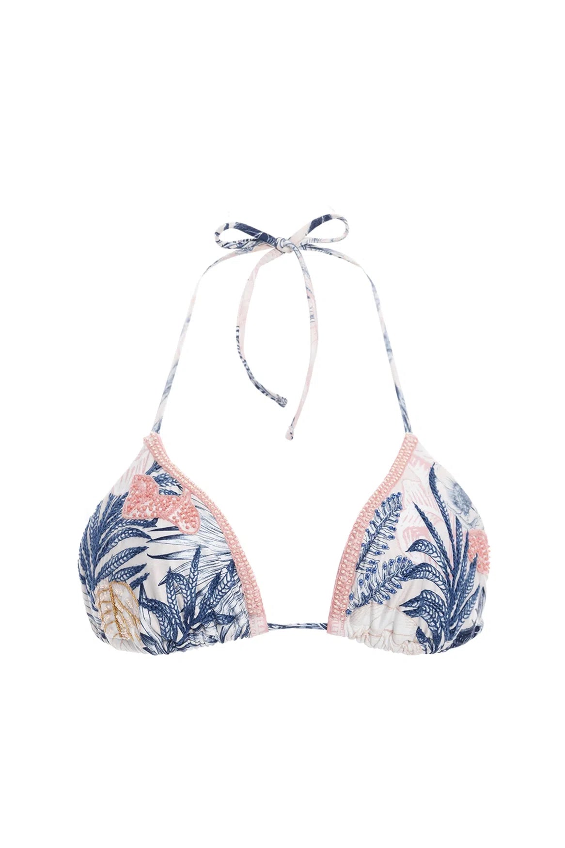 White blue and baby pink embroidered triangle bikini top