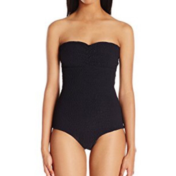 Black smocked strapless one piece