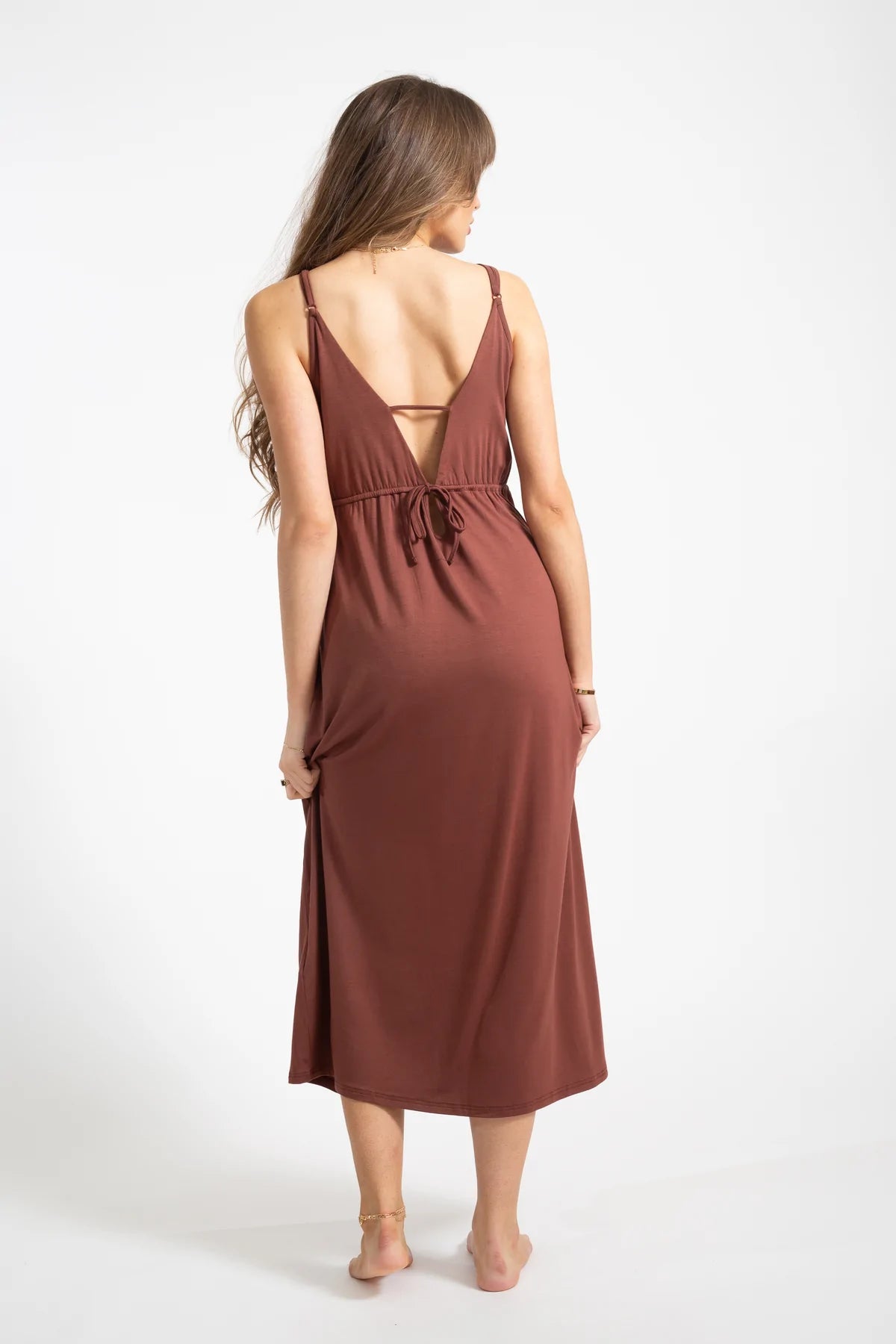 Brown Plunging V-Neck Midi Dress