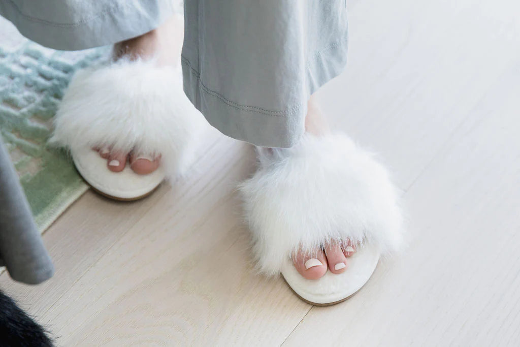 White Furry Open Toe Slippers