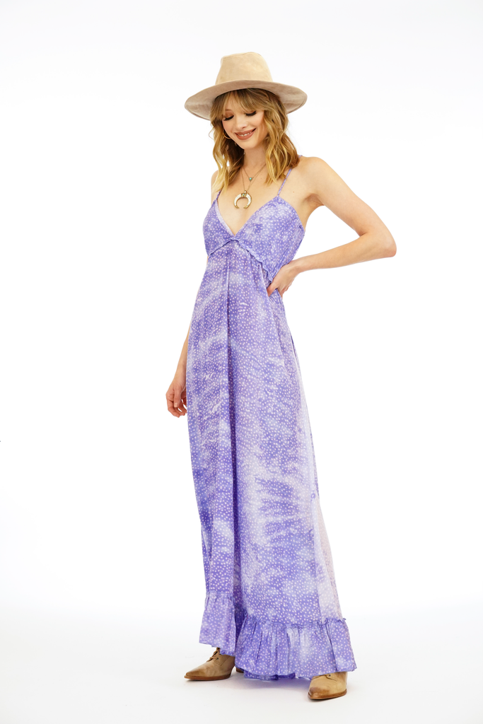 Light purple maxi dress with small dot design.