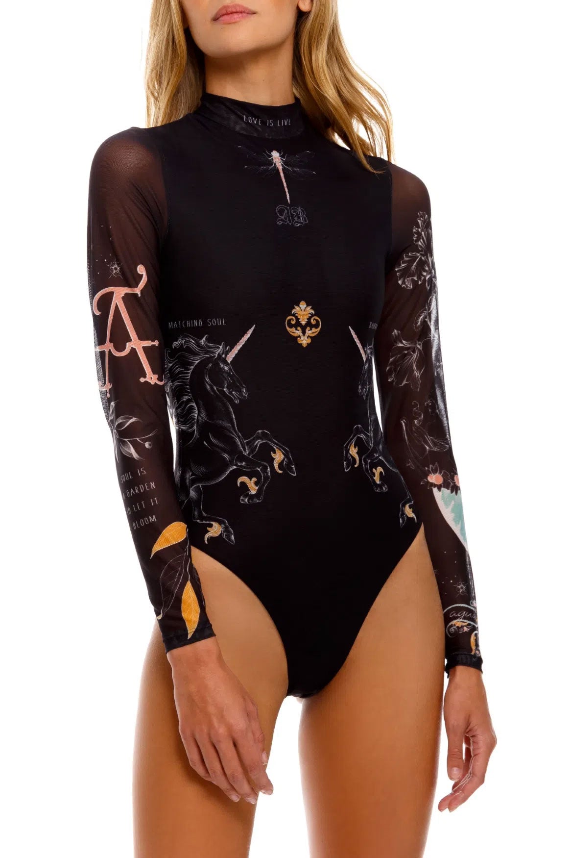 Black printed high neck one piece with long mesh sleeves and outline of two unicorns on suit
