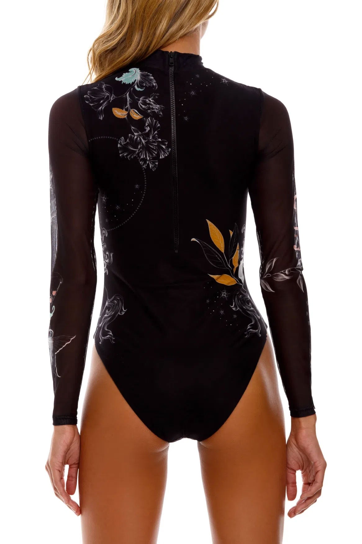 Black printed high neck one piece with long mesh sleeves and zipper on back of suit.
