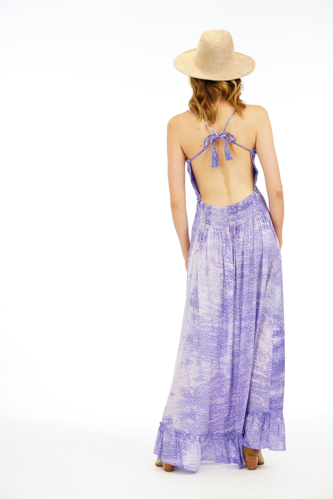 Light purple maxi dress with small dot design.