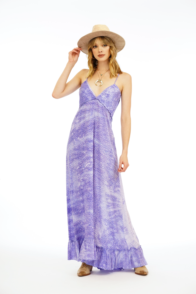 Light purple maxi dress with small dot design.