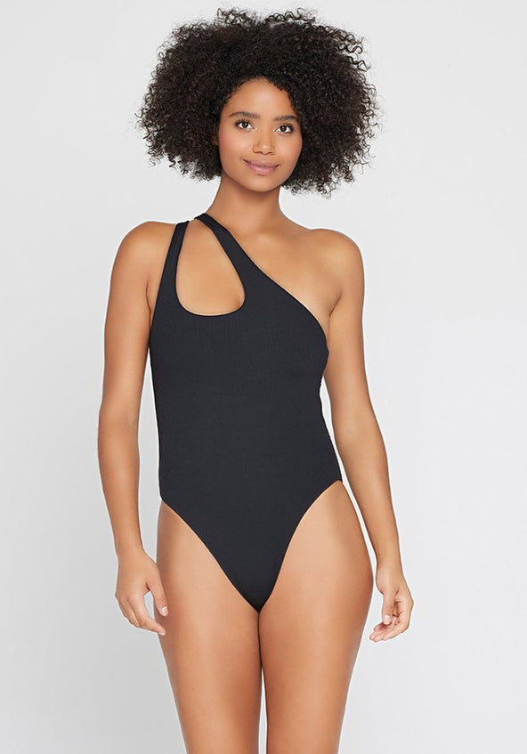 Black Ribbed One Shoulder One Piece 