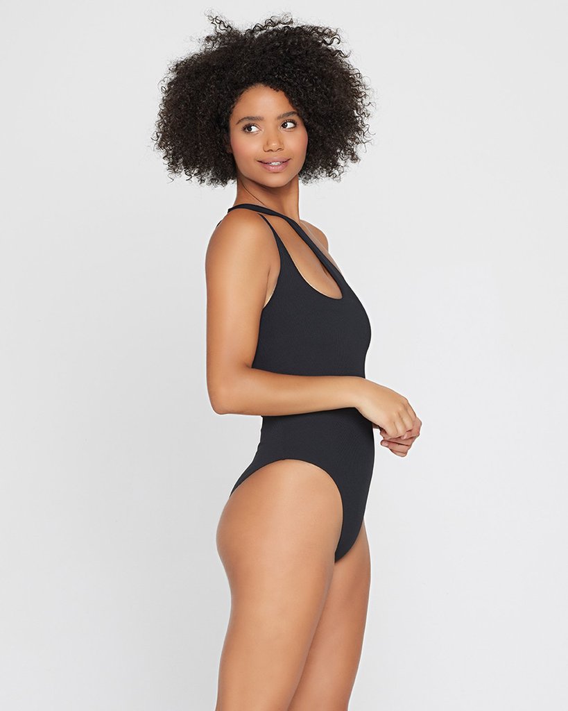 Black Ribbed One Shoulder One Piece 