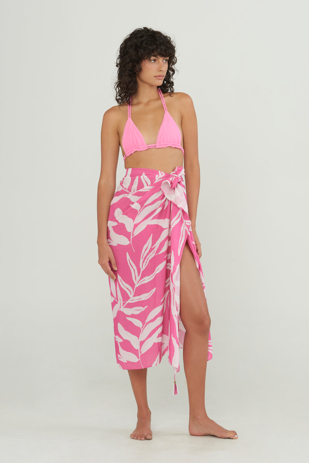 bright pink with white leaves printed sarong 