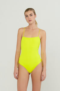 bright yellow square neck ribbed one piece swimsuit
