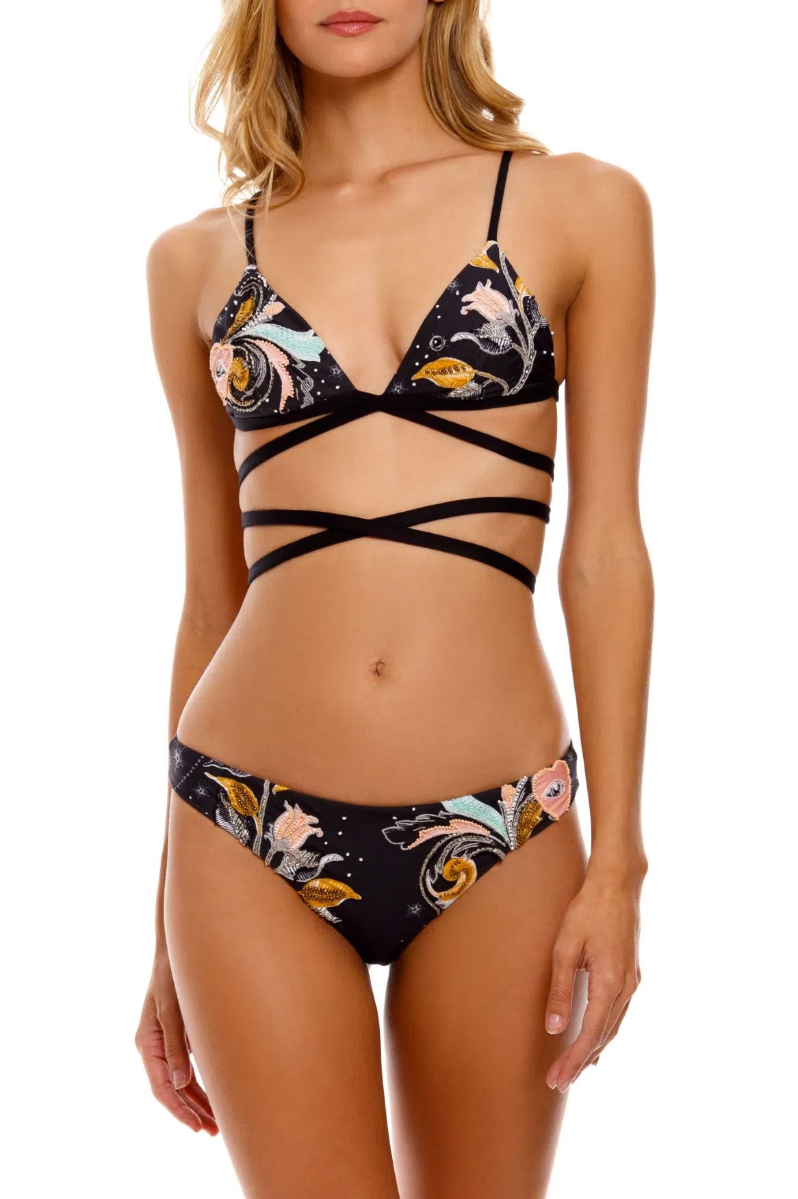 Embroidered strappy black bikini top and bottoms