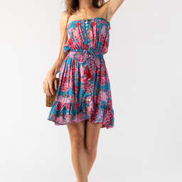 Blue, red, and pink floral short strapless dress.