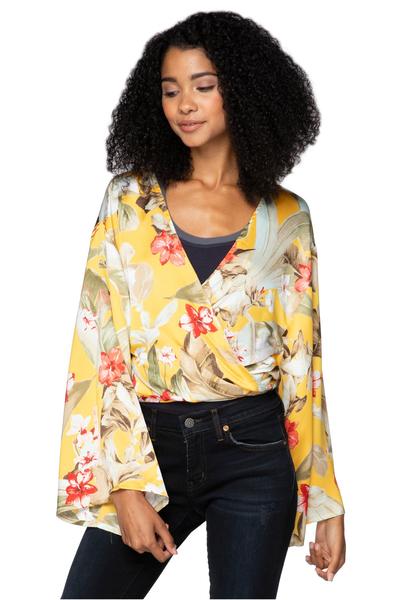 Tie Wrap Top in tropical yellow print