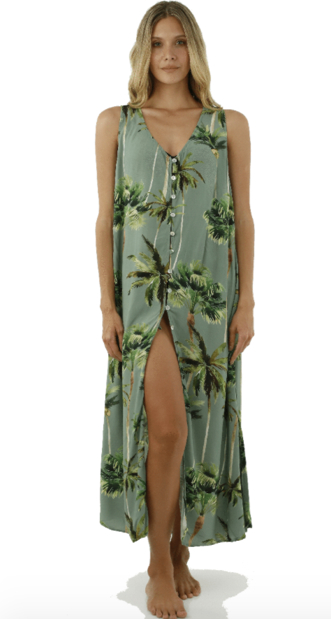 Palm Printed Button Up Beach Coverup Dress