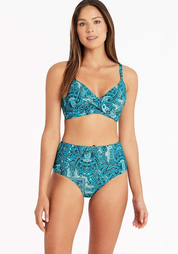 Twist Front Blue Printed Underwire Bikini Top