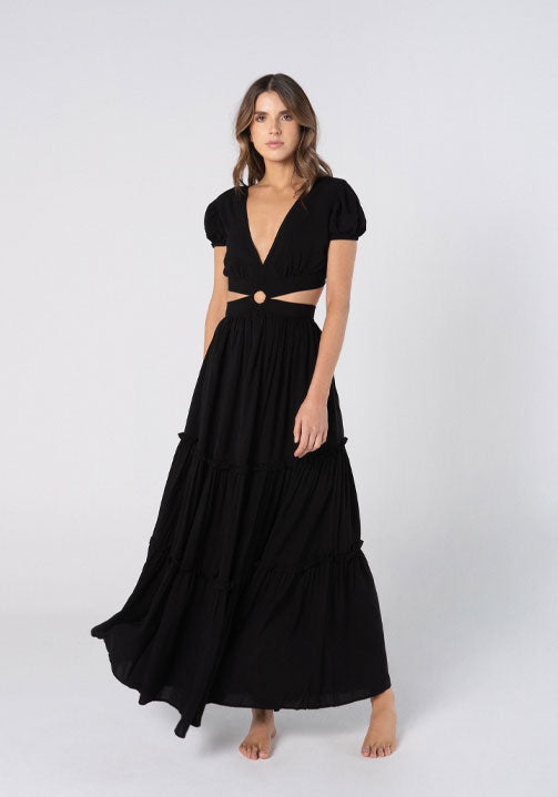 black maxi dress with ring detail and cutouts