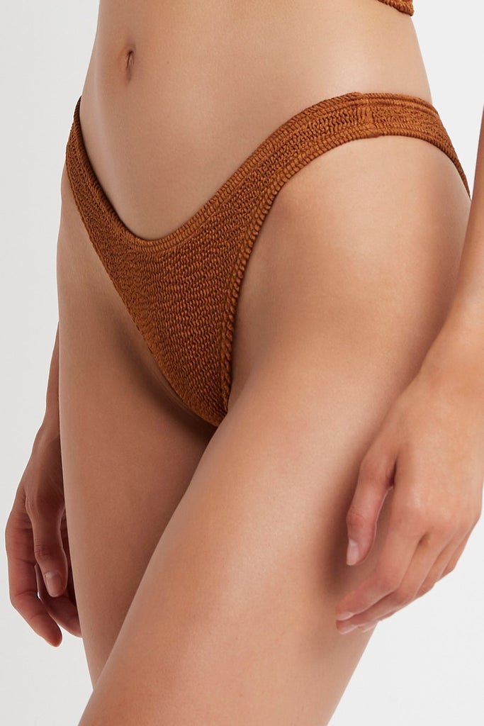 Brown shimmer textured one size fits all bikini bottoms.