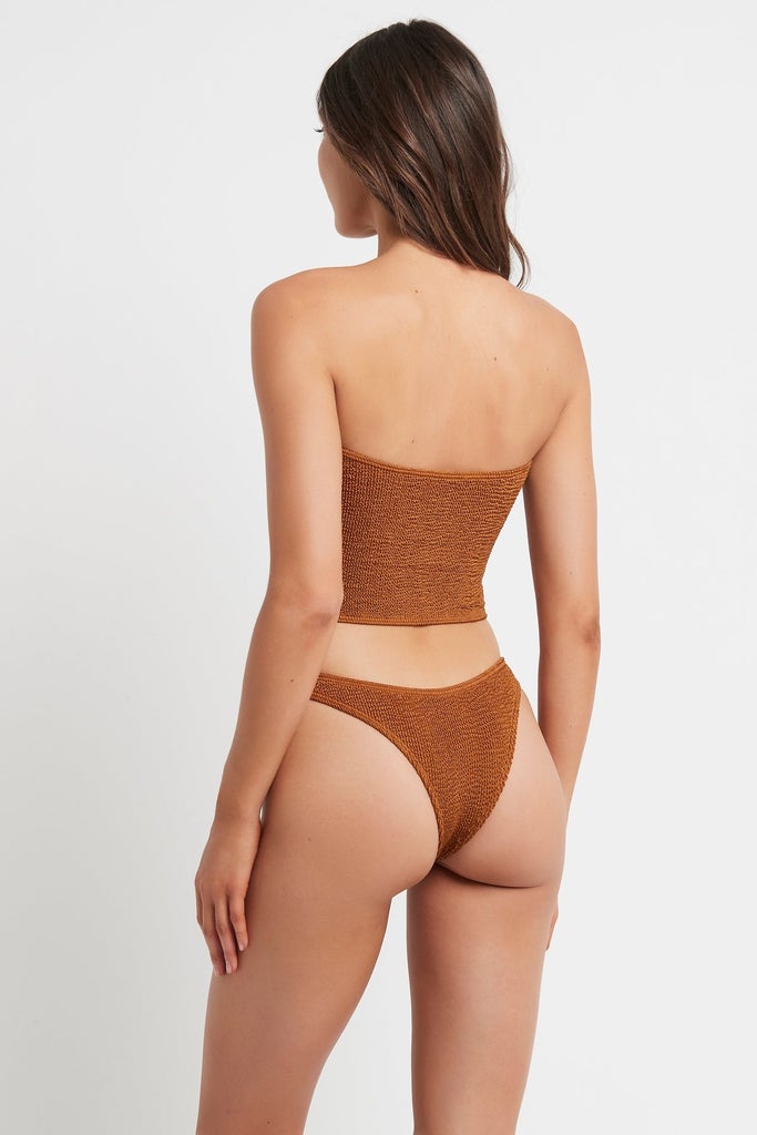 Brown gold shimmer one size fits all strapless bikini top and matching bottoms.
