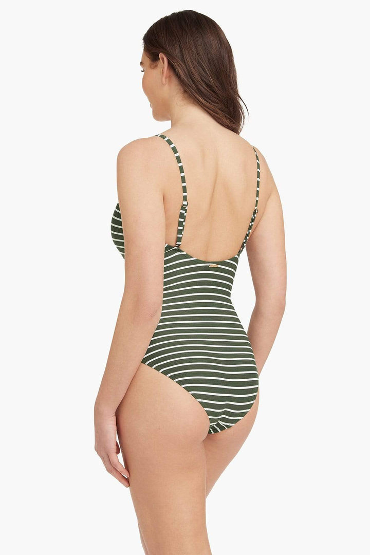 Dark Green Striped Lace Up One Piece 