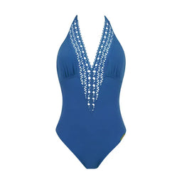 Blue Plunging Neck Halter One Piece