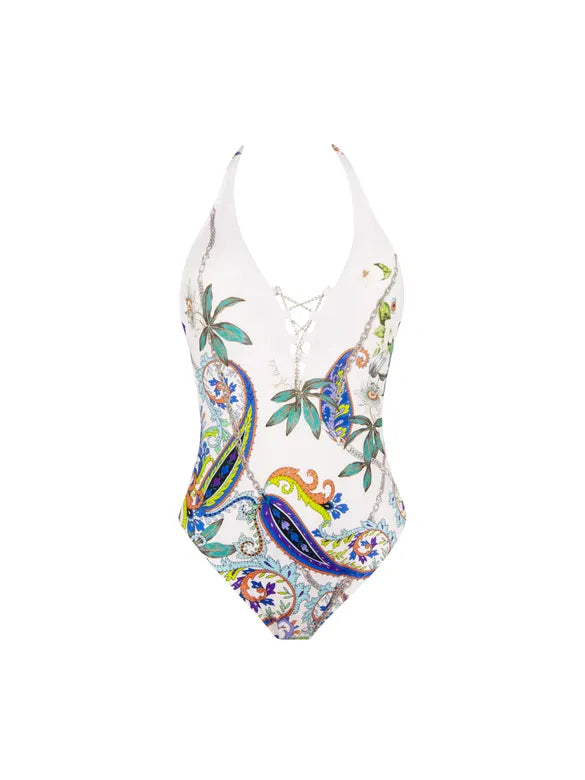 white halter neck one piece swimsuit with multi colored paisley pattern