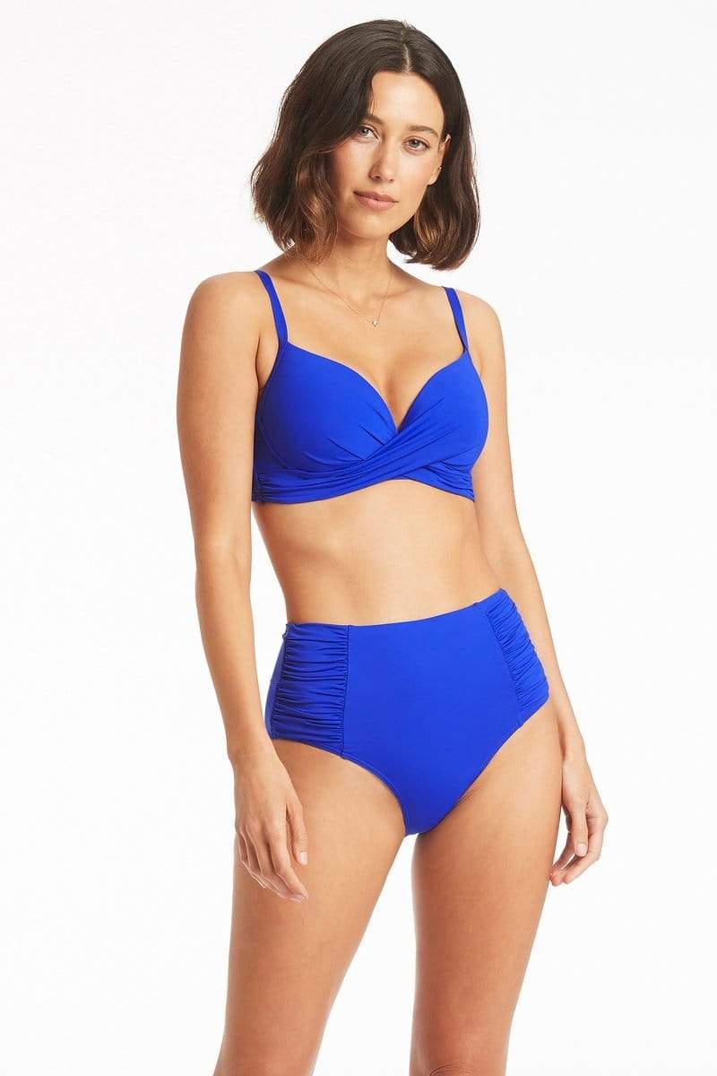 Blue Crossed Front Moulded Cup Underwire Supported Bikini Top