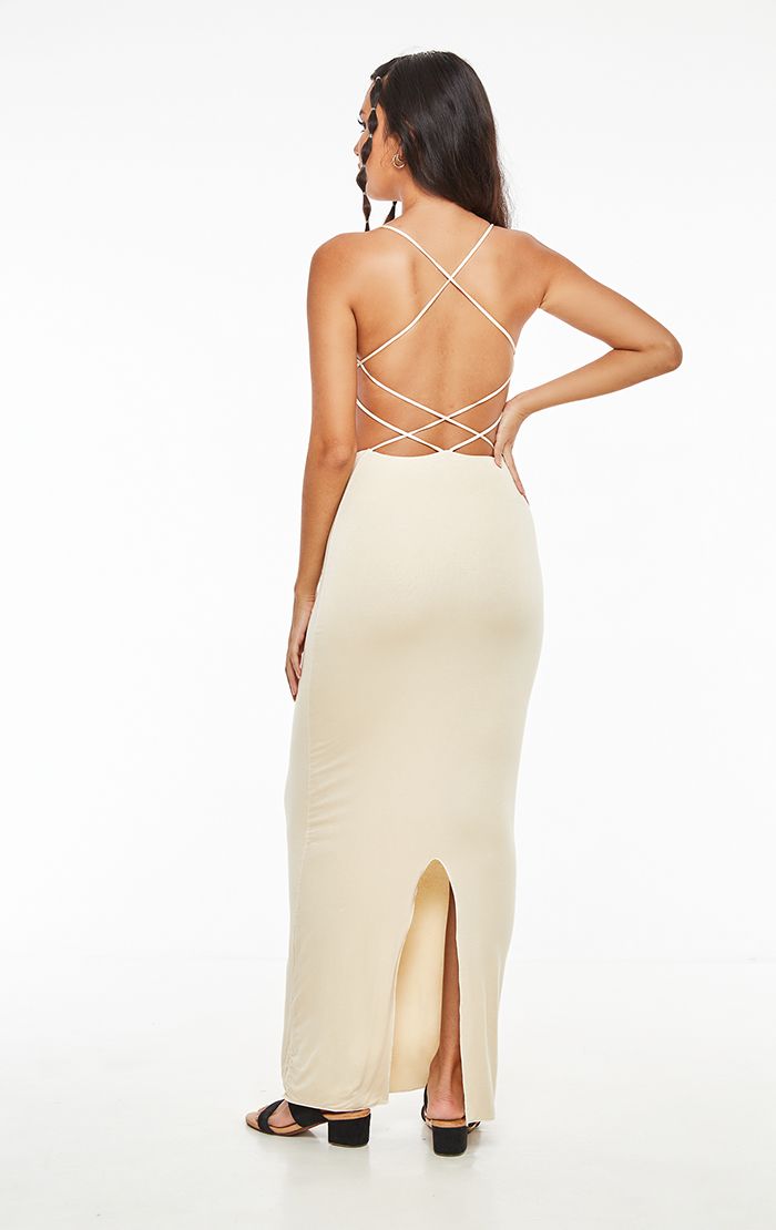 Side Cut Out Cream Maxi Dress