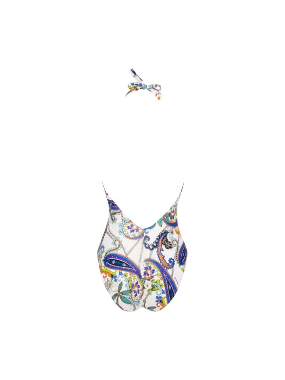 white halter neck one piece swimsuit with multi colored paisley pattern