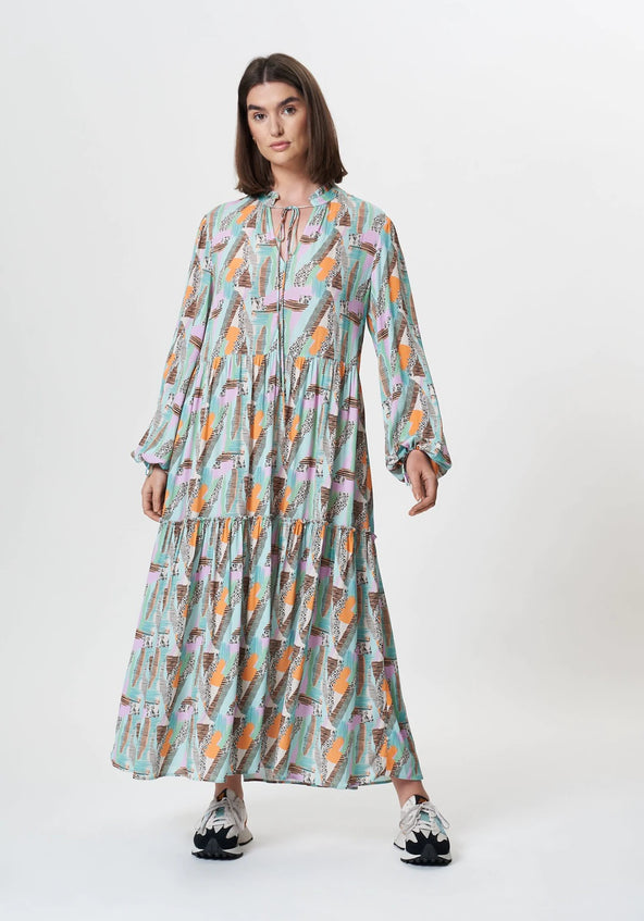 Bright Long Sleeve Abstract Print Maxi Dress