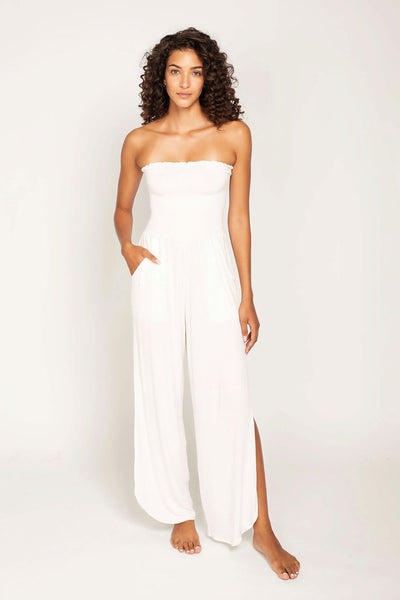 white ribbed strapless jumpsuit with side slits