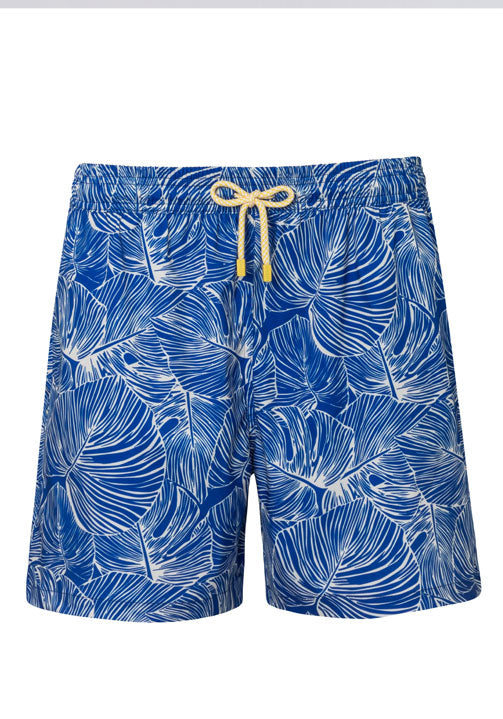 blue leaf print mens swim trunks 