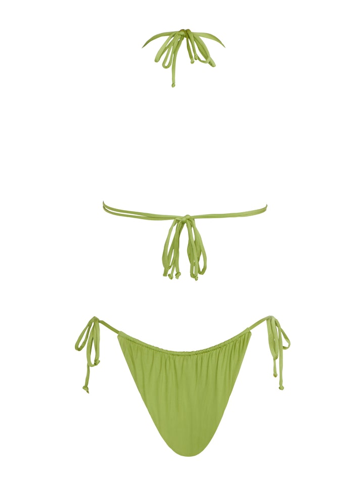 Light green string bikini top with matching tie side cinch bikini bottoms.